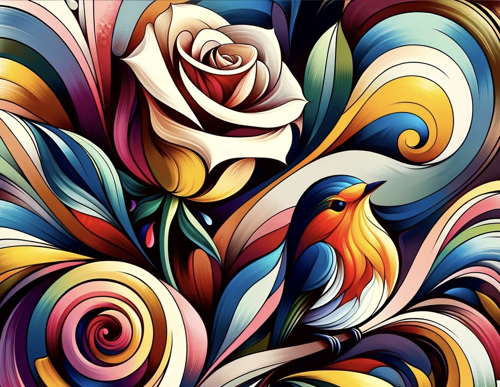 A rose and lily and robin abstract